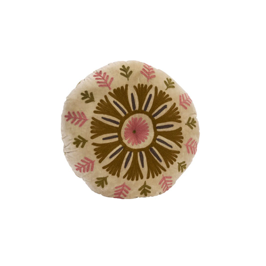 Madam Stoltz Suzani Kudde Broderad 2-Pack Ø50 cm, Beige/Grön/Rosa
