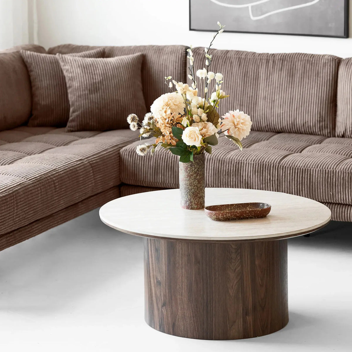 House Nordic Delphi Soffbord Ø80x40 cm, Travertin/Mörkbrun